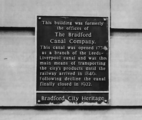 Plaque marking the building that once housed the offices of the Bradford Canal Company